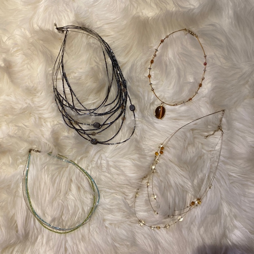 Lot of 4 Beaded Wire Fashion Necklaces Layered Black Brown Gold
